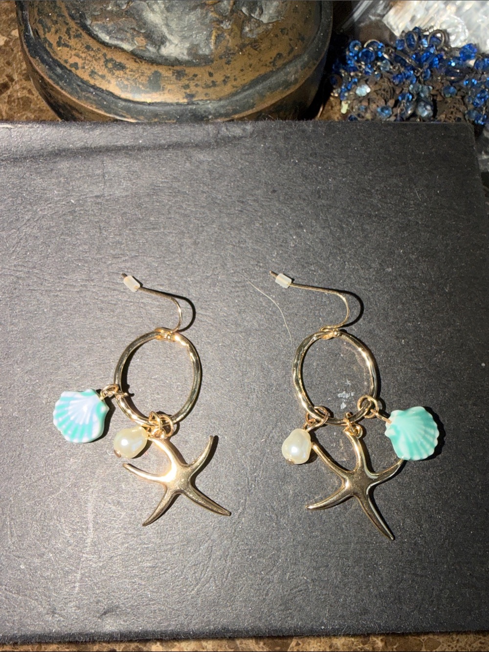 Gold Hoop Earrings with Aqua Shell Charms pearls starfish